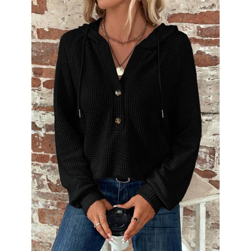 NEW LILY CLOTHING waffle button-up hoodie pullover in black